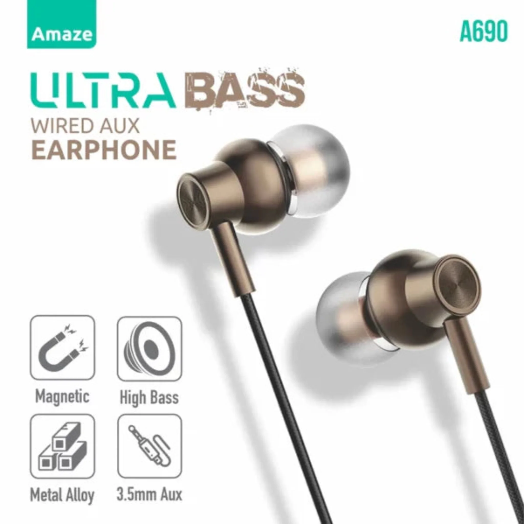 Amaze A690 Ultra Bass Wired Earphones - Metallic Brown