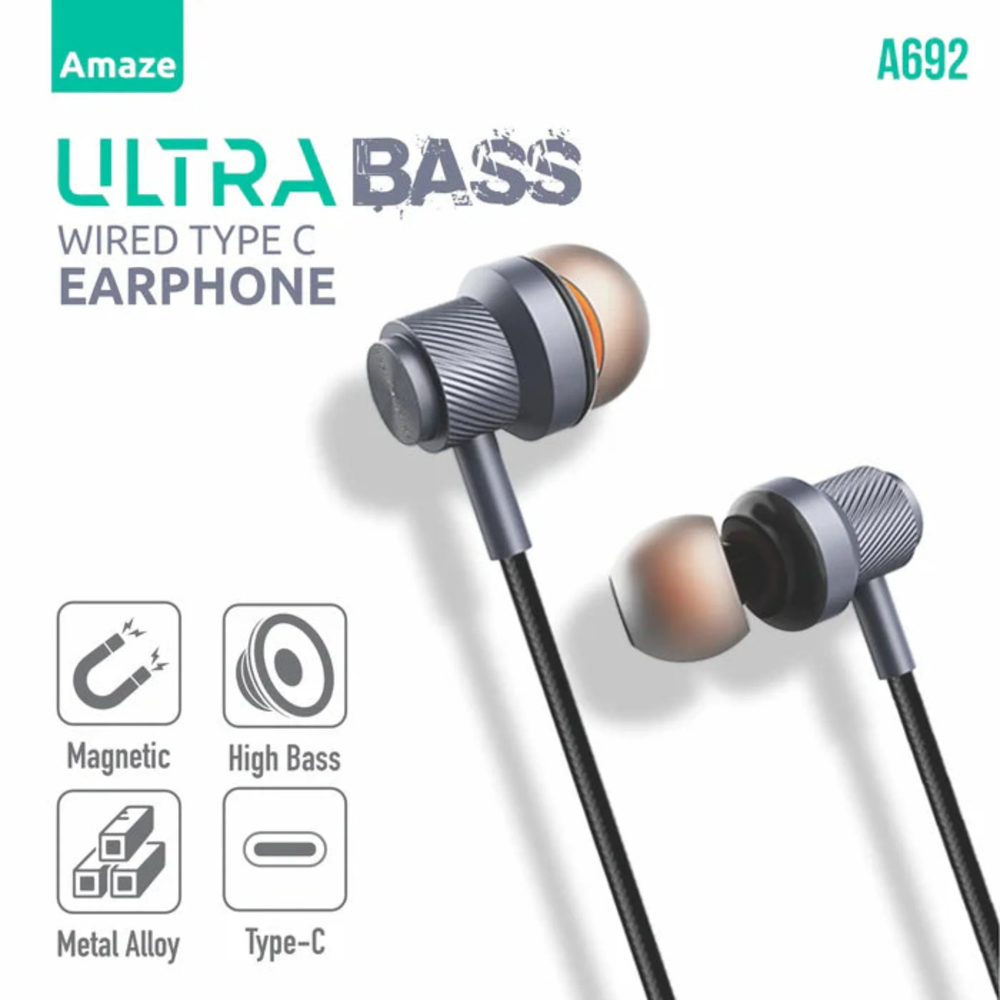 Amaze A692 Ultra Bass Wired Type-C Earphones in Metallic Gray