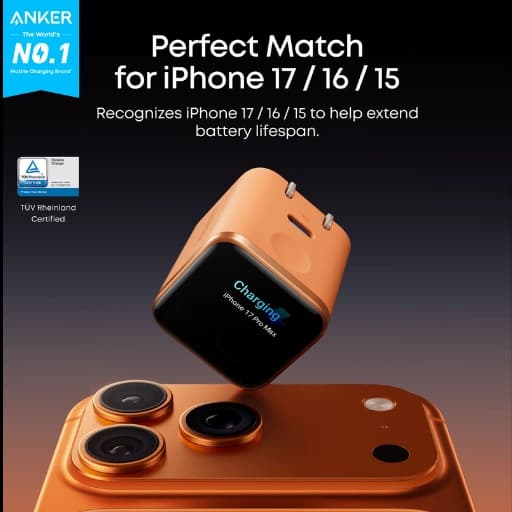 Anker Nano Charger paired with iPhone 17 series to showcase compatibility.